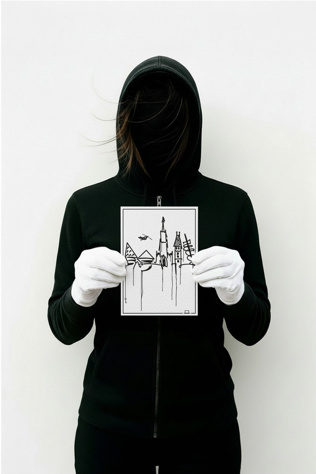 Minimalistischer Donauufer-Kunstdruck in 10×15 cm, ungerahmt, gehalten von Person in schwarzem Hoodie mit weißen Handschuhen – Urban Line Art Ulm.