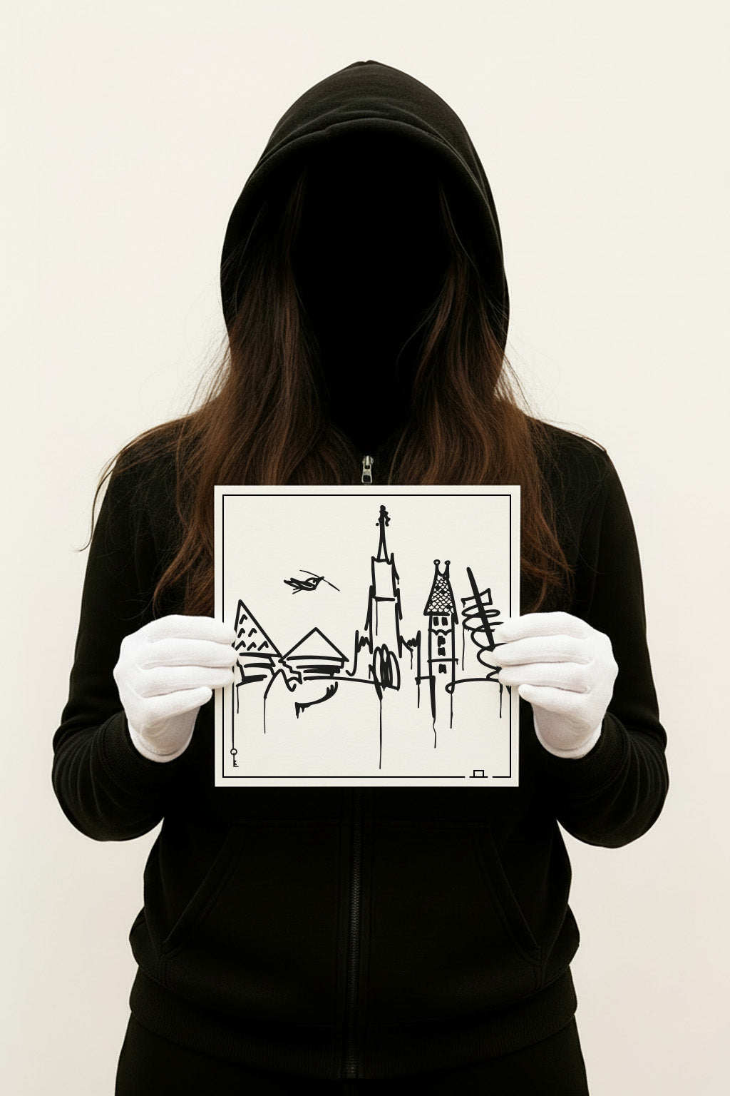 Quadratischer Donauufer-Kunstdruck in 20×20 cm, ungerahmt; Person im schwarzen Hoodie hält das Poster mit weißen Handschuhen – moderne Urban-Line-Art aus Ulm.