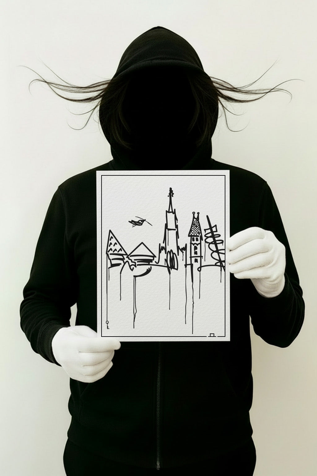 Donauufer-Kunstdruck in 21×30 cm, ungerahmt; Person mit verdecktem Gesicht hält das Poster vor neutralem Hintergrund – minimalistisches Ulm-Artwork.