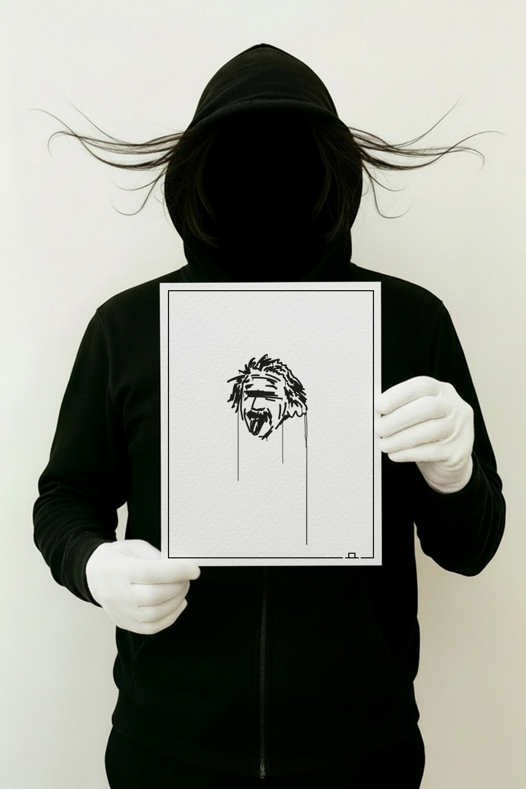 Minimalistischer Einlinien-Kunstdruck „Einstein“, ungerahmt im Format 21×30 cm, in Händen einer Person mit schwarzem Hoodie.