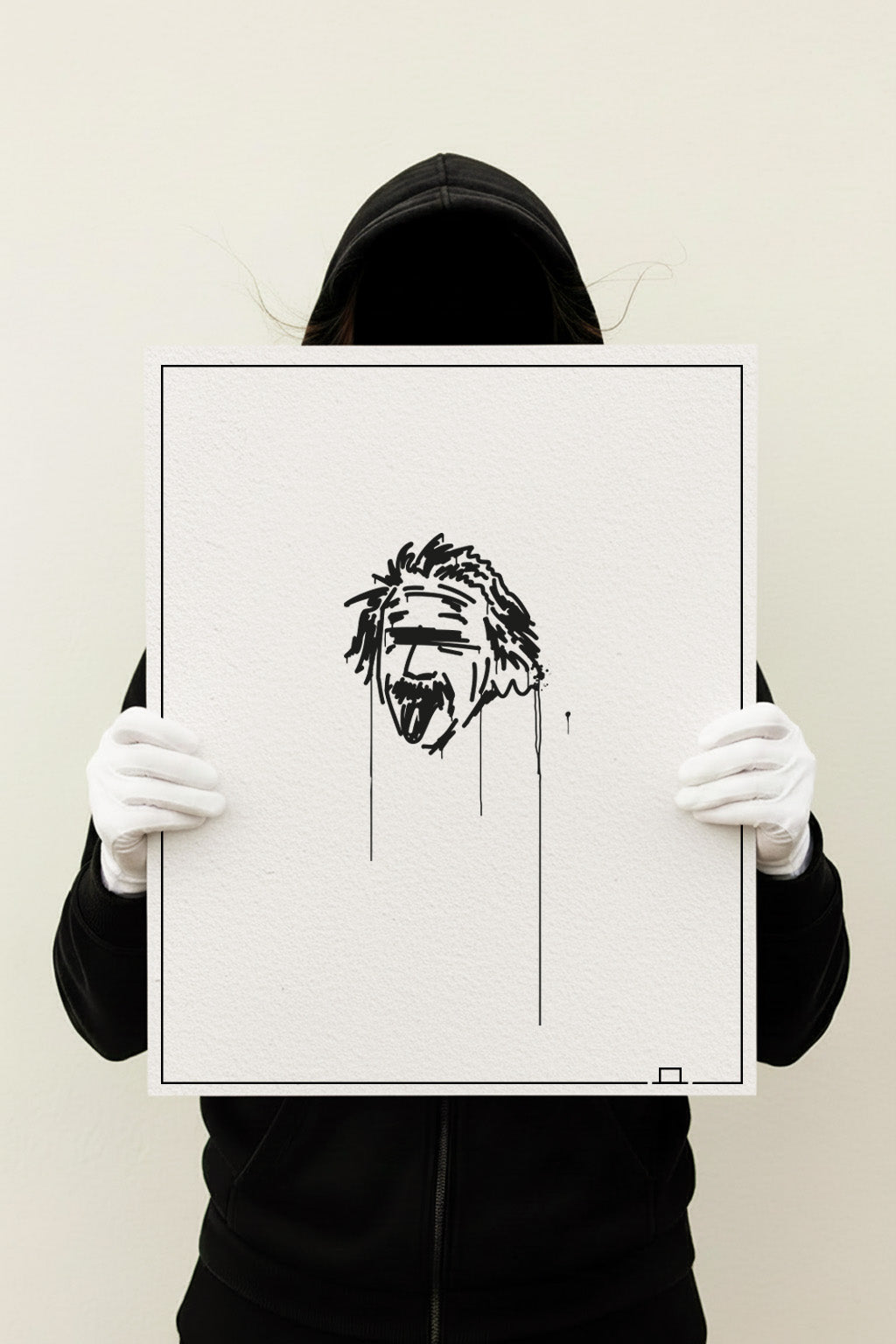 Urban-Art Poster „Einstein“, ungerahmt im Format 40×50 cm, detailreich präsentiert von Person in schwarzer Kleidung und weißen Handschuhen.
