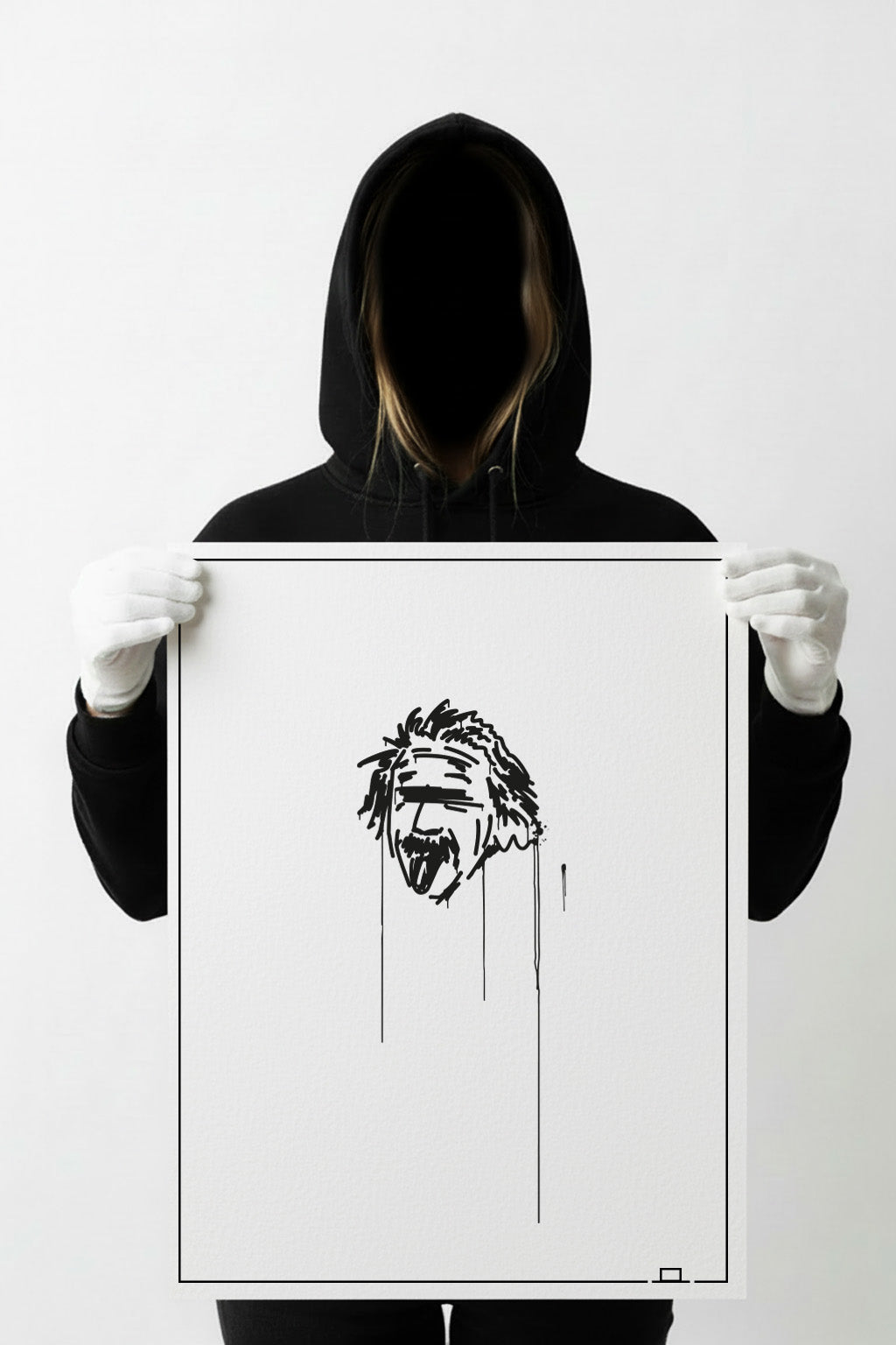 Großformatiger Kunstdruck „Einstein“, Urban-Art Stil, ungerahmt im Format 50×70 cm, von Person mit Hoodie gehalten.