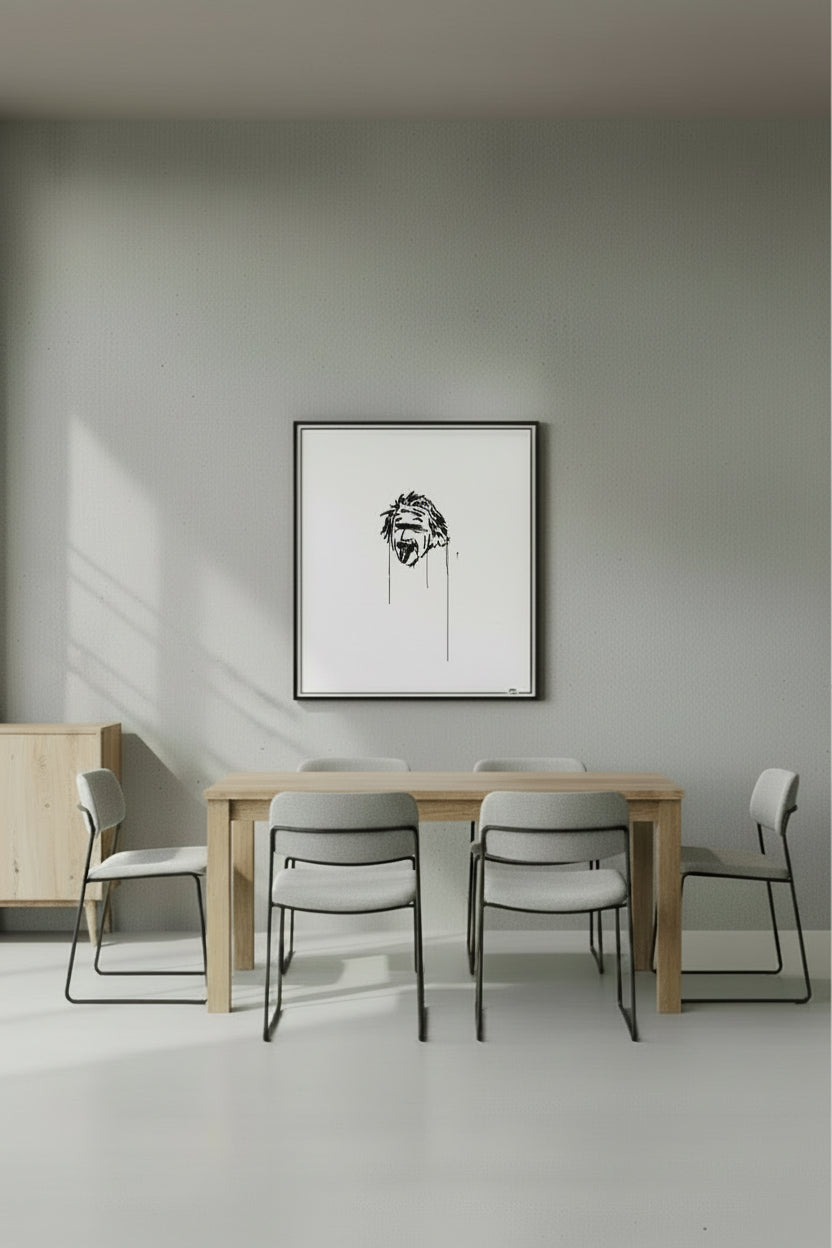 Gerahmter Urban-Art Kunstdruck „Einstein“ im Format 40×50 cm, stilvoll präsentiert an einer Wand im modernen Esszimmer.