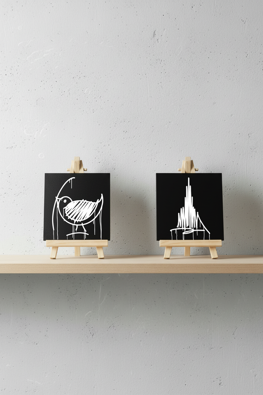 Zwei Designspiegel Mini im Urban-Art-Stil mit Ulmer-Motiven, nebeneinander auf Holzstaffeleien auf einem Regal präsentiert, modernes Interior-Produktbild.