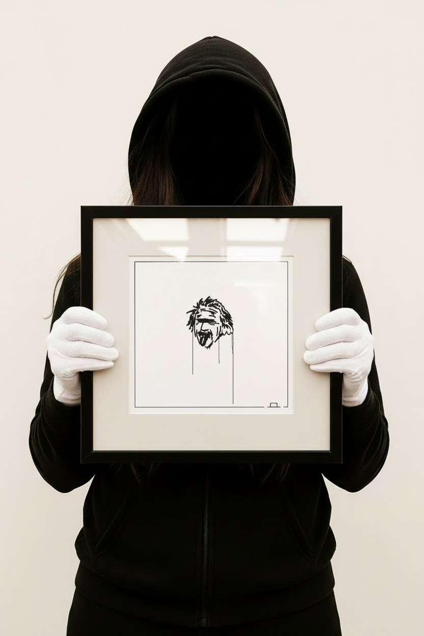 Kunstdruck 20×20 cm mit abstraktem Einstein-Motiv, von einer Person im schwarzen Hoodie und weißen Handschuhen präsentiert.