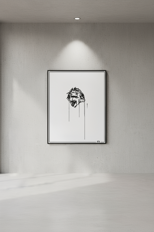 Kunstdruck 40×50 cm mit Einstein-Motiv, frontal an grauer Betonwand unter gezieltem Lichtspot präsentiert.