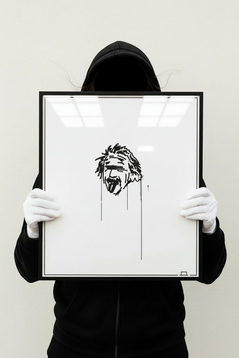 Kunstdruck 40×50 cm mit Einstein-Motiv, von Person im schwarzen Hoodie und weißen Handschuhen frontal gehalten.