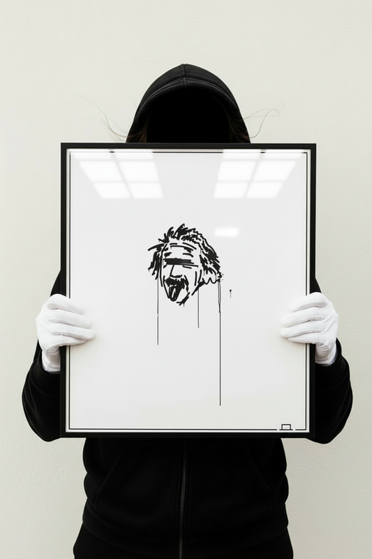 Kunstdruck 40×50 cm mit Einstein-Motiv, von Person im schwarzen Hoodie und weißen Handschuhen frontal gehalten.