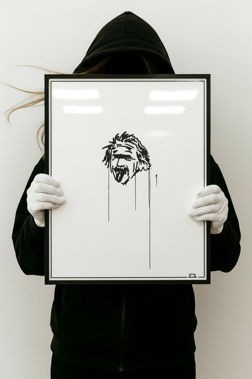Kunstdruck 50×70 cm mit Einstein-Motiv, von Person im Hoodie und weißen Handschuhen gehalten.