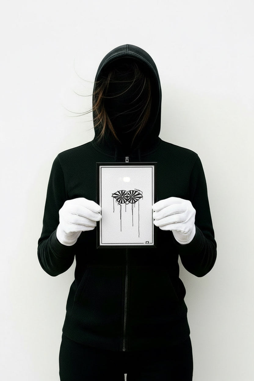 Kunstdruck Schneider von Ulm 10×15 cm im Urban-Art-Dripstyle, gehalten von Person im schwarzen Hoodie mit weißen Handschuhen.