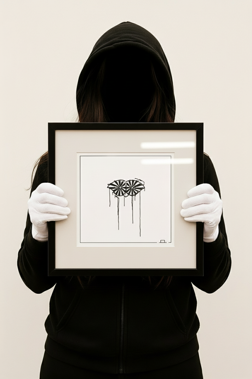 Kunstdruck Schneider von Ulm 20x20 cm im Urban-Art-Dripstyle, gehalten von Person im schwarzen Hoodie mit weißen Handschuhen.