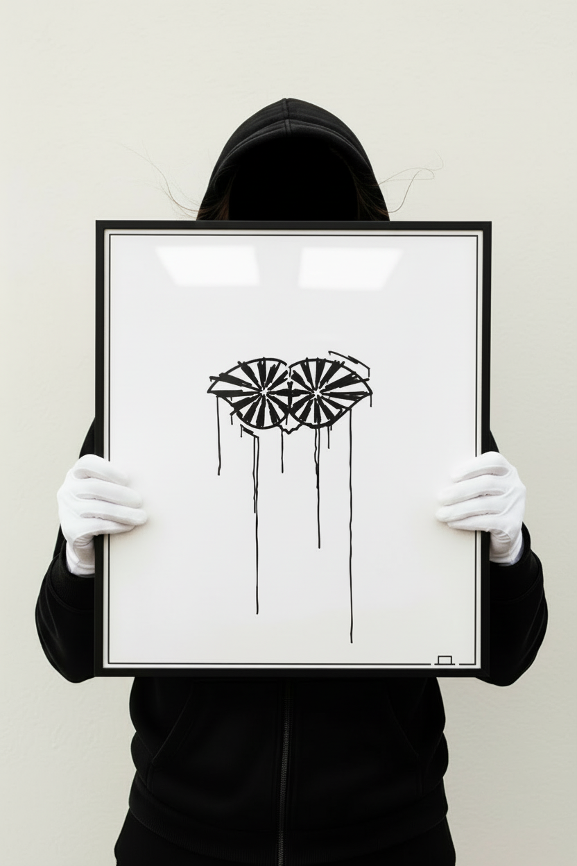 Kunstdruck Schneider von Ulm 40x50 cm im Urban-Art-Dripstyle, gehalten von Person im schwarzen Hoodie mit weißen Handschuhen.