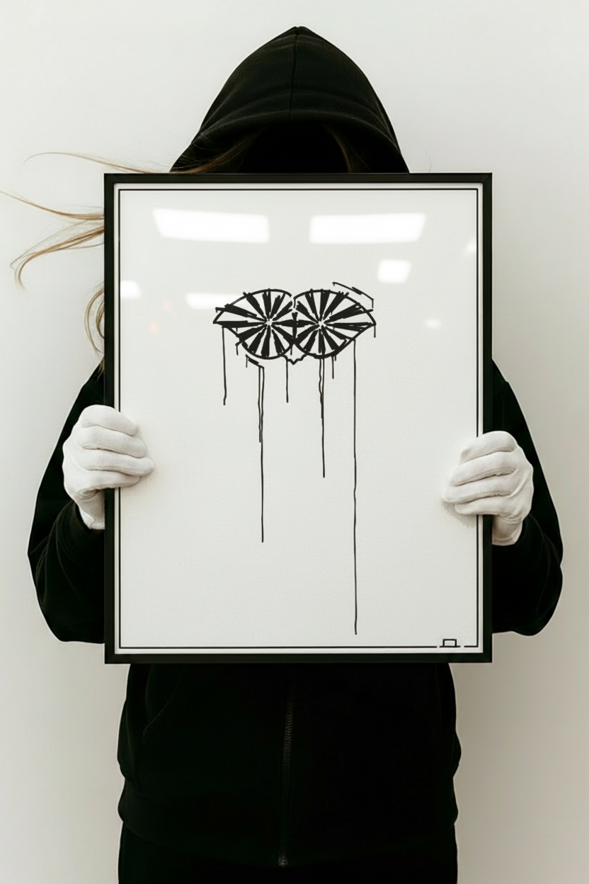 Kunstdruck Schneider von Ulm 50x70 cm im Urban-Art-Dripstyle, gehalten von Person im schwarzen Hoodie mit weißen Handschuhen.