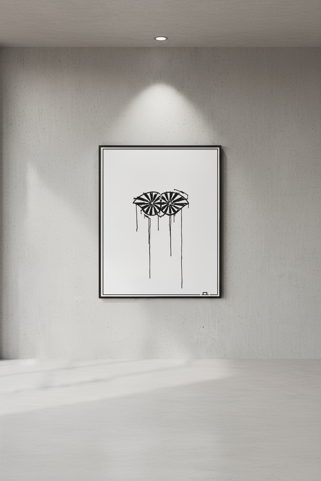 Kunstdruck Schneider von Ulm 40×50 cm im schwarz-weißen Urban-Art-Dripstyle, modern präsentiert an grauer Betonwand unter Spotlicht.