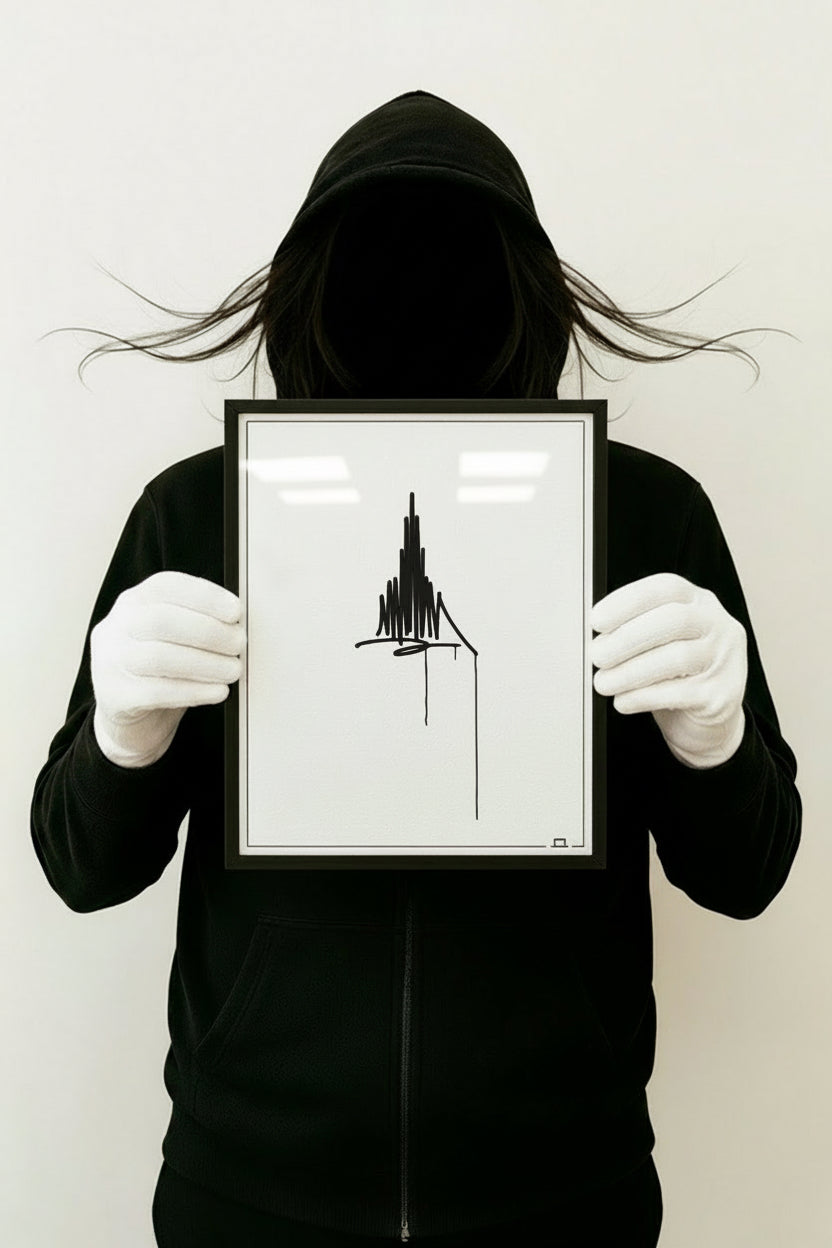 Gerahmter 21×30 cm Urban-Art Kunstdruck mit Münster-Motiv, von einer Person im schwarzen Hoodie und weißen Handschuhen vor hellem Hintergrund gehalten.