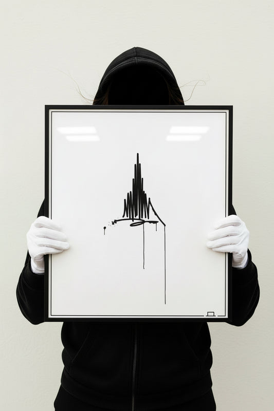 Gerahmter 40×50 cm Urban-Art Kunstdruck mit Münster-Motiv, von einer Person im schwarzen Hoodie und weißen Handschuhen vor hellem Hintergrund gehalten.