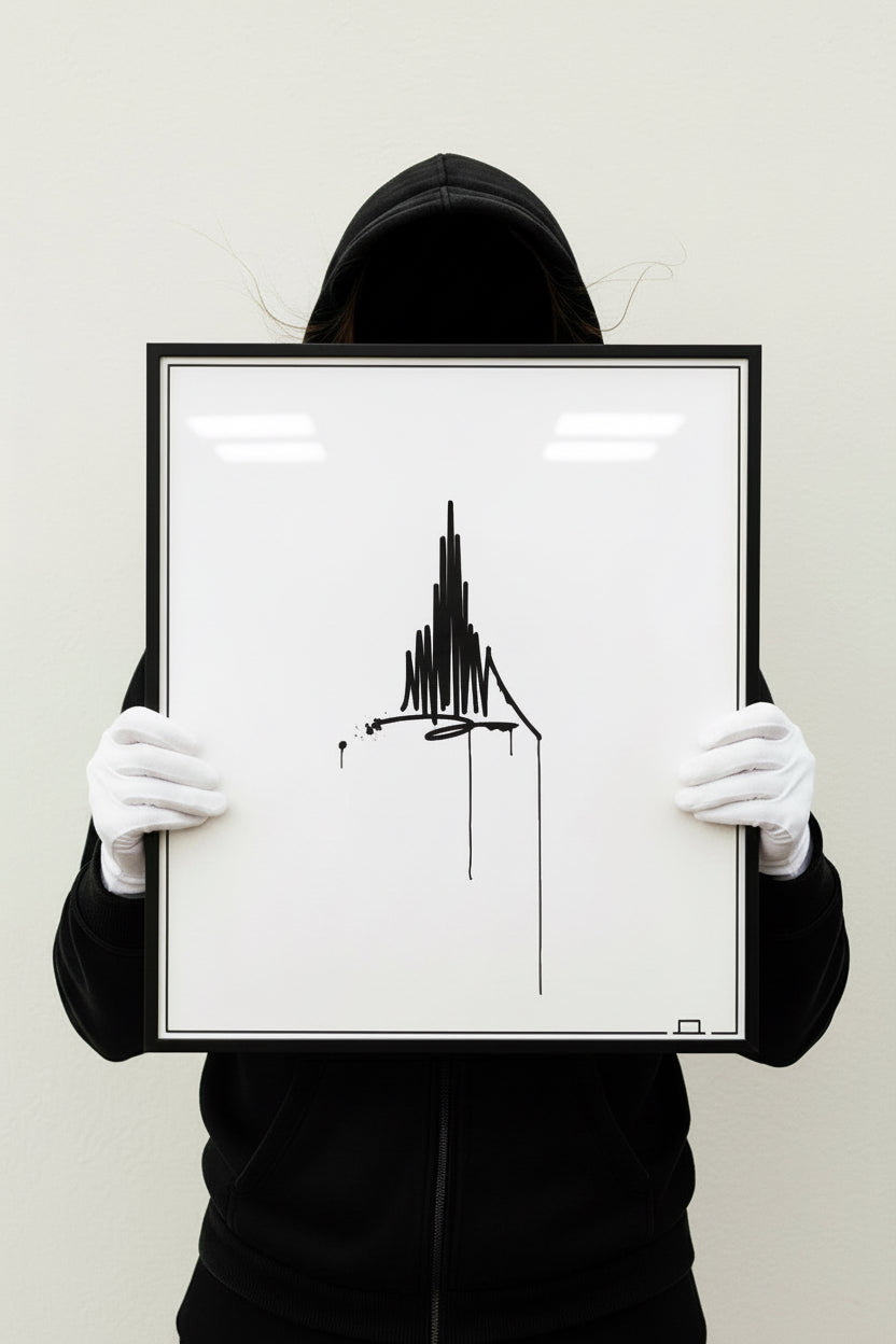 Gerahmter 40×50 cm Urban-Art Kunstdruck mit Münster-Motiv, von einer Person im schwarzen Hoodie und weißen Handschuhen vor hellem Hintergrund gehalten.