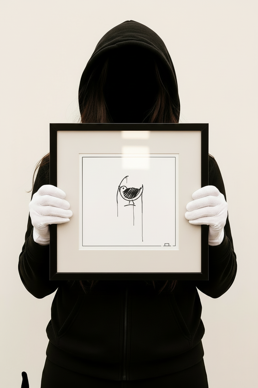 Minimalistischer 20x20 cm Kunstdruck des Ulmer Spatz im schwarzen Rahmen, von Person mit Handschuhen präsentiert. Urban Art Wandbild in Schwarz-Weiß.