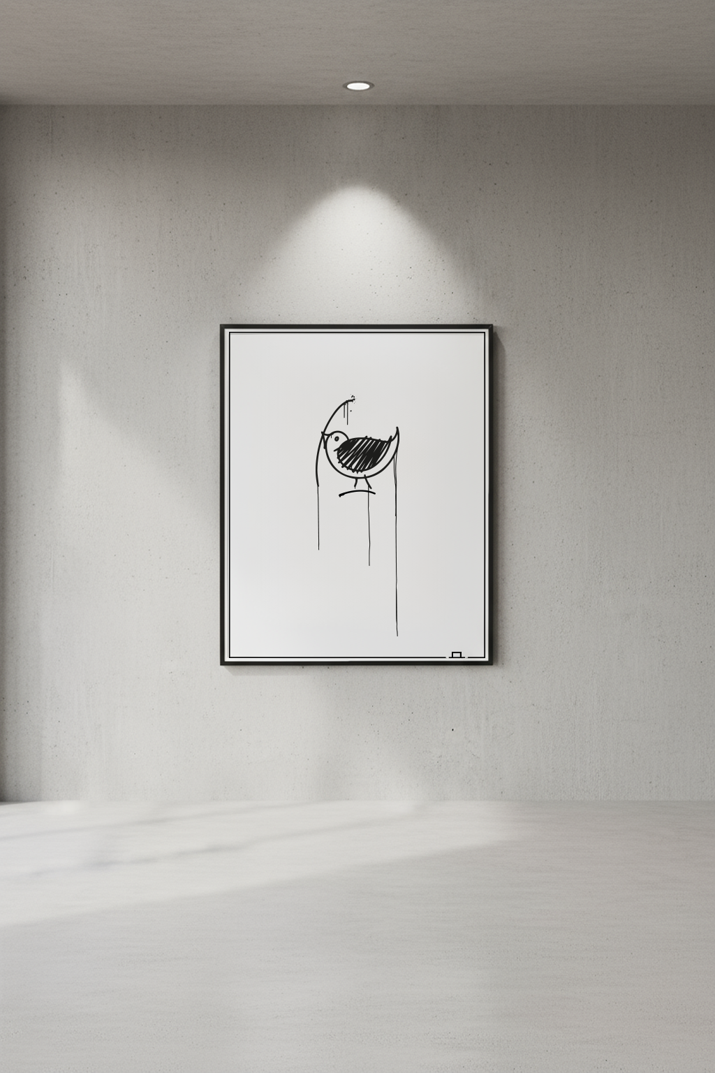 Minimalistischer 40x50 cm Kunstdruck vom Ulmer Spatz im schwarzen Rahmen, modern inszeniert vor grauer Betonwand mit Lichtspot. Urban Art Wandbild.