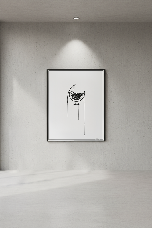 Minimalistischer 40x50 cm Kunstdruck vom Ulmer Spatz im schwarzen Rahmen, modern inszeniert vor grauer Betonwand mit Lichtspot. Urban Art Wandbild.
