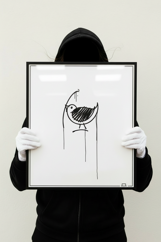 40x50 cm Urban-Art Kunstdruck Ulmer Spatz, im schwarzen Rahmen von Person mit Hoodie und Handschuhen gehalten. Minimalistisches Schwarz-Weiß Bild.