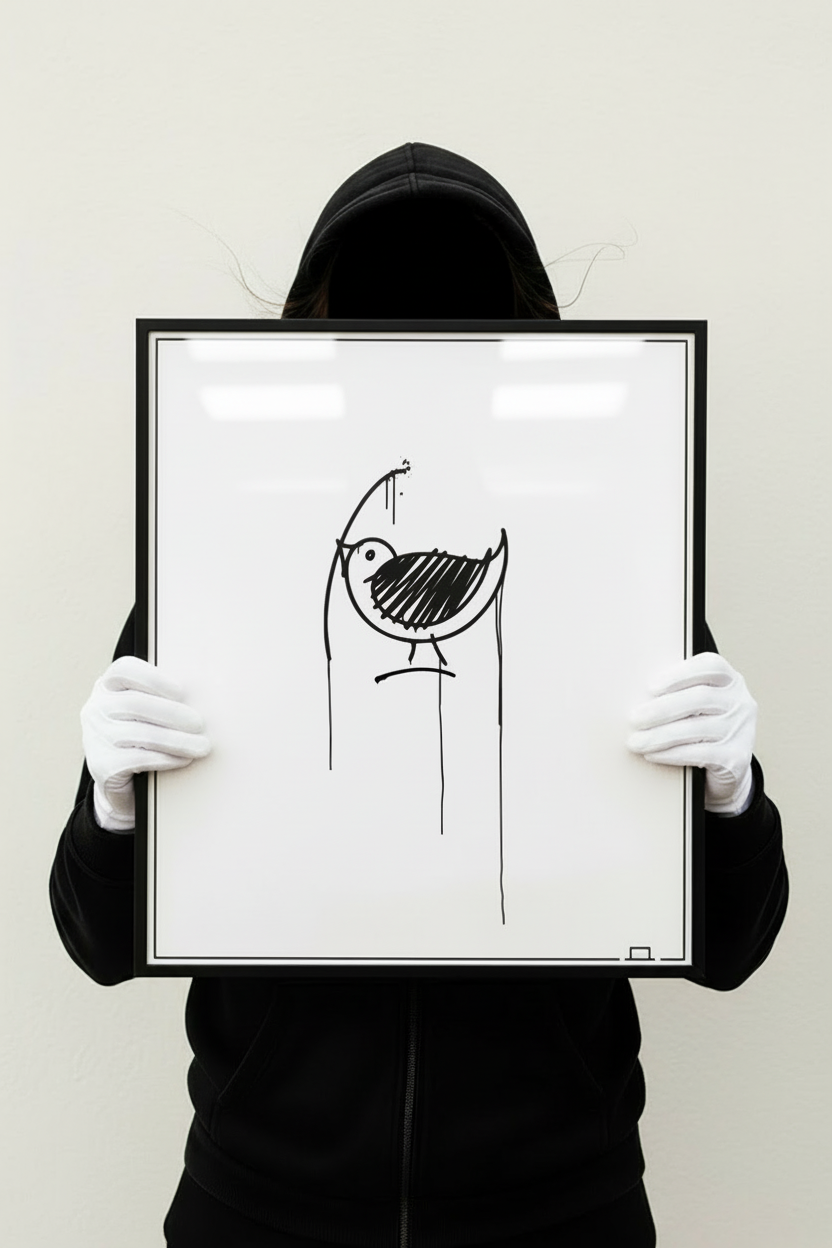 40x50 cm Urban-Art Kunstdruck Ulmer Spatz, im schwarzen Rahmen von Person mit Hoodie und Handschuhen gehalten. Minimalistisches Schwarz-Weiß Bild.