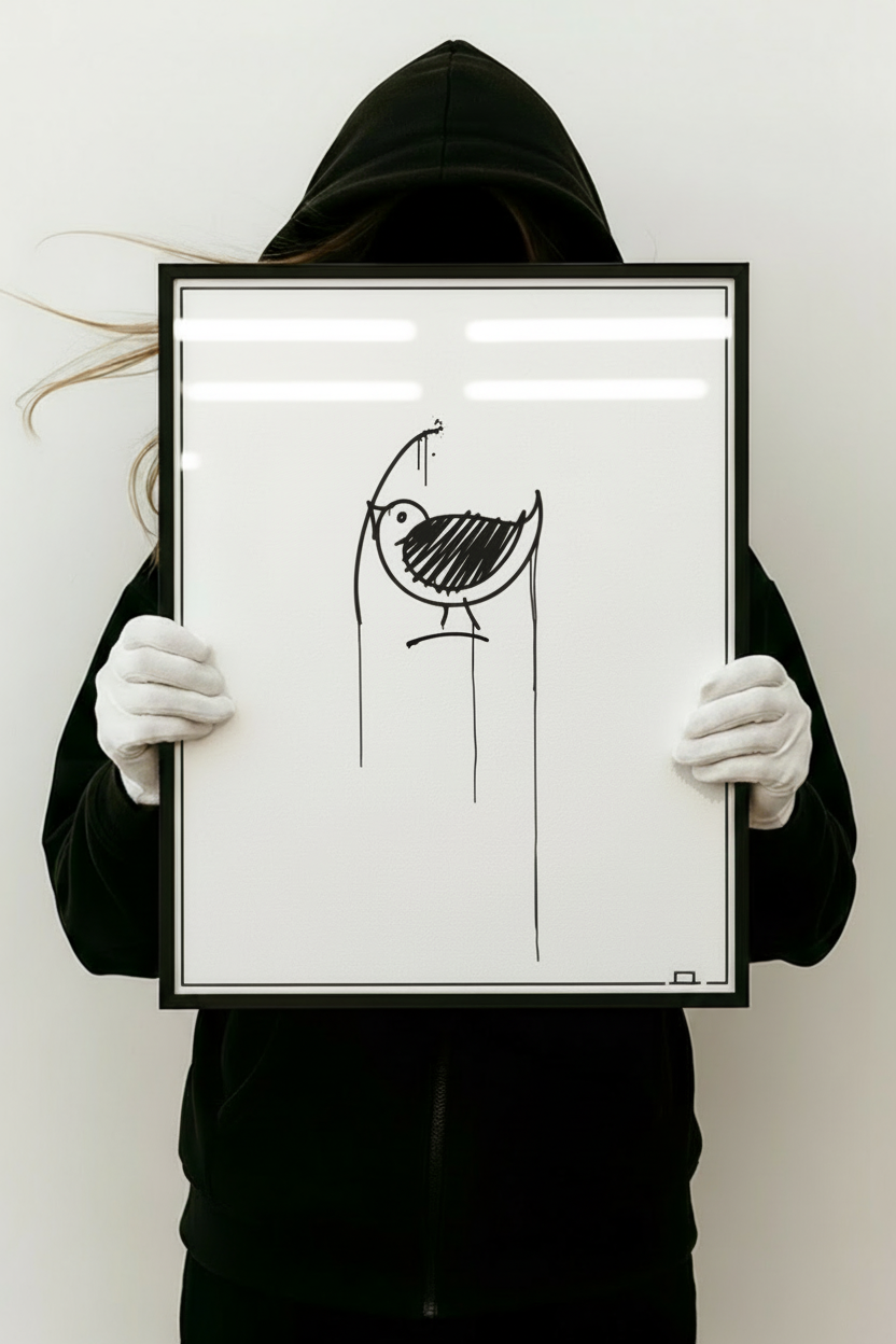 Großer 50x70 cm Urban-Art Kunstdruck mit Ulmer Spatz im schwarzen Rahmen, frontal von Person mit Hoodie und Handschuhen gehalten. Minimalistisches Wandbild.