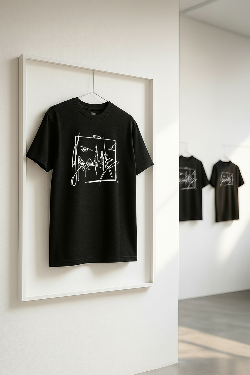 Schwarzes urbanes T-Shirt mit Ulm-Design, modern in einer Wandinstallation mit Rahmen dargestellt.