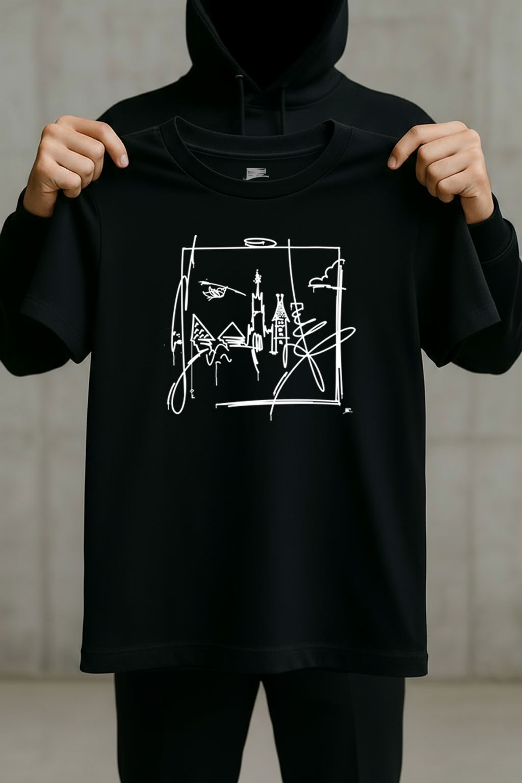 Schwarzes T-Shirt mit minimalistischer Ulm-Skyline in Weiß, frontal von einer Person gehalten.
