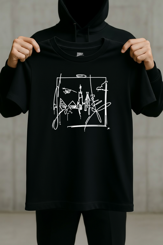 Schwarzes T-Shirt mit minimalistischer Ulm-Skyline in Weiß, frontal von einer Person gehalten.