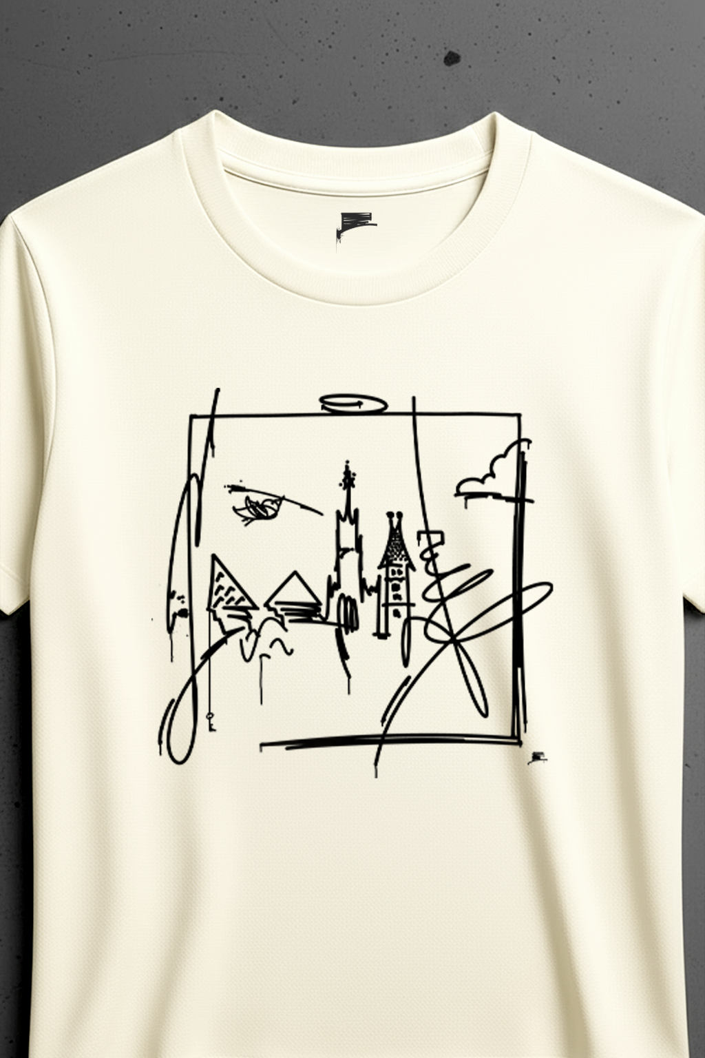 Detailaufnahme eines weißen T-Shirts mit schwarzer Ulm-Liniengrafik vor hellem Betonhintergrund.