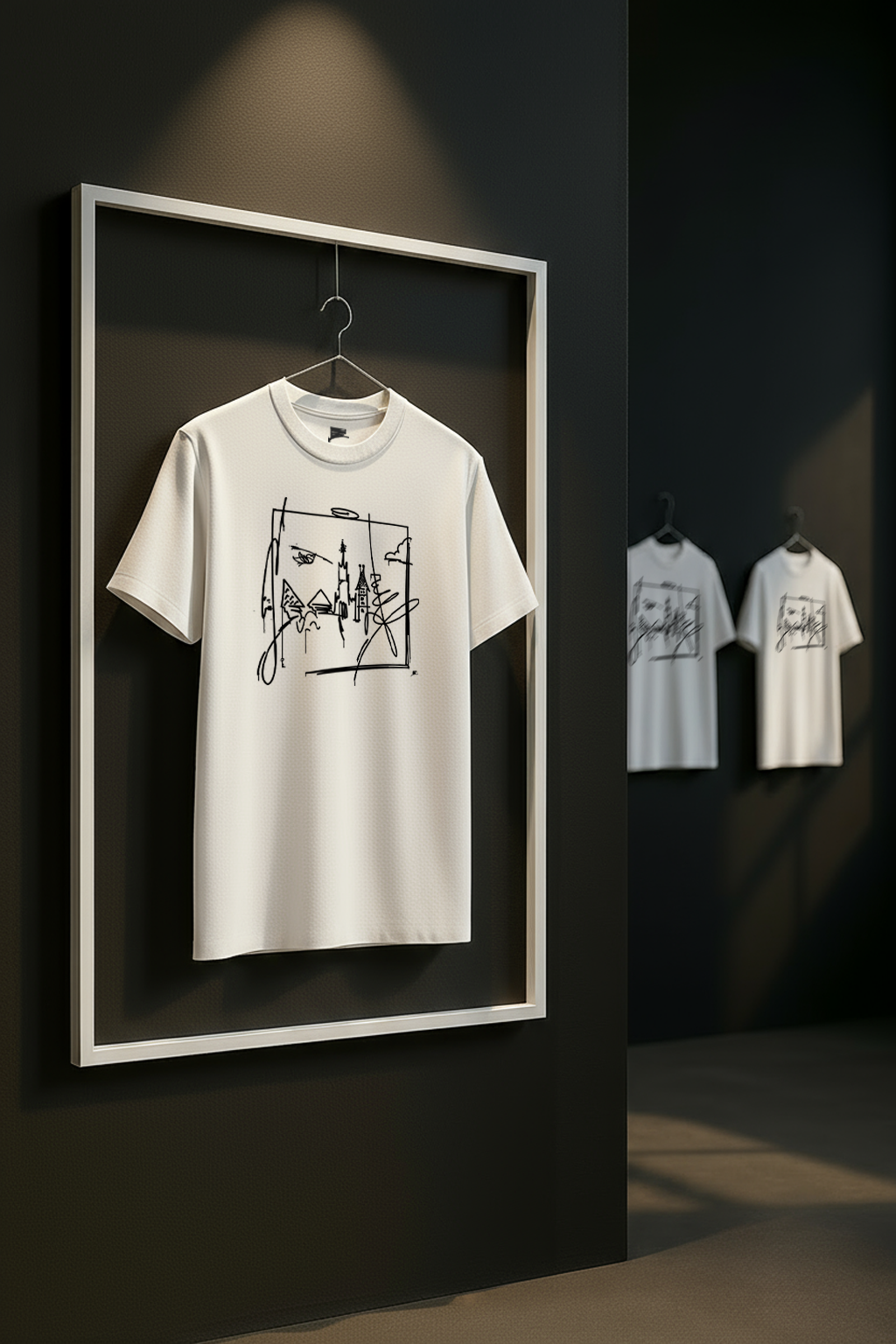 Weißes Ulm-T-Shirt mit schwarzer Liniengrafik, stilvoll in einem Wandrahmen unter Spotbeleuchtung präsentiert.
