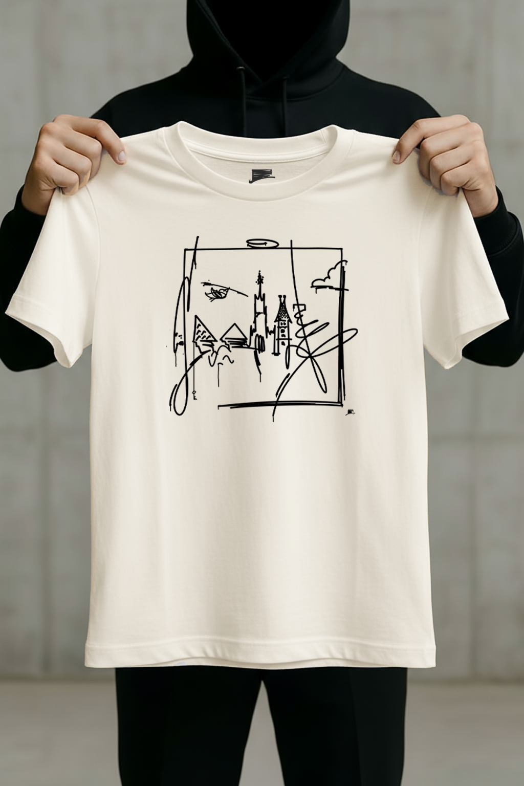 Weißes T-Shirt mit urbaner Ulm-Skyline in schwarzer Liniengrafik, frontal von einer Person präsentiert.