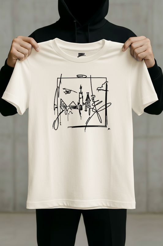 Weißes T-Shirt mit urbaner Ulm-Skyline in schwarzer Liniengrafik, frontal von einer Person präsentiert.