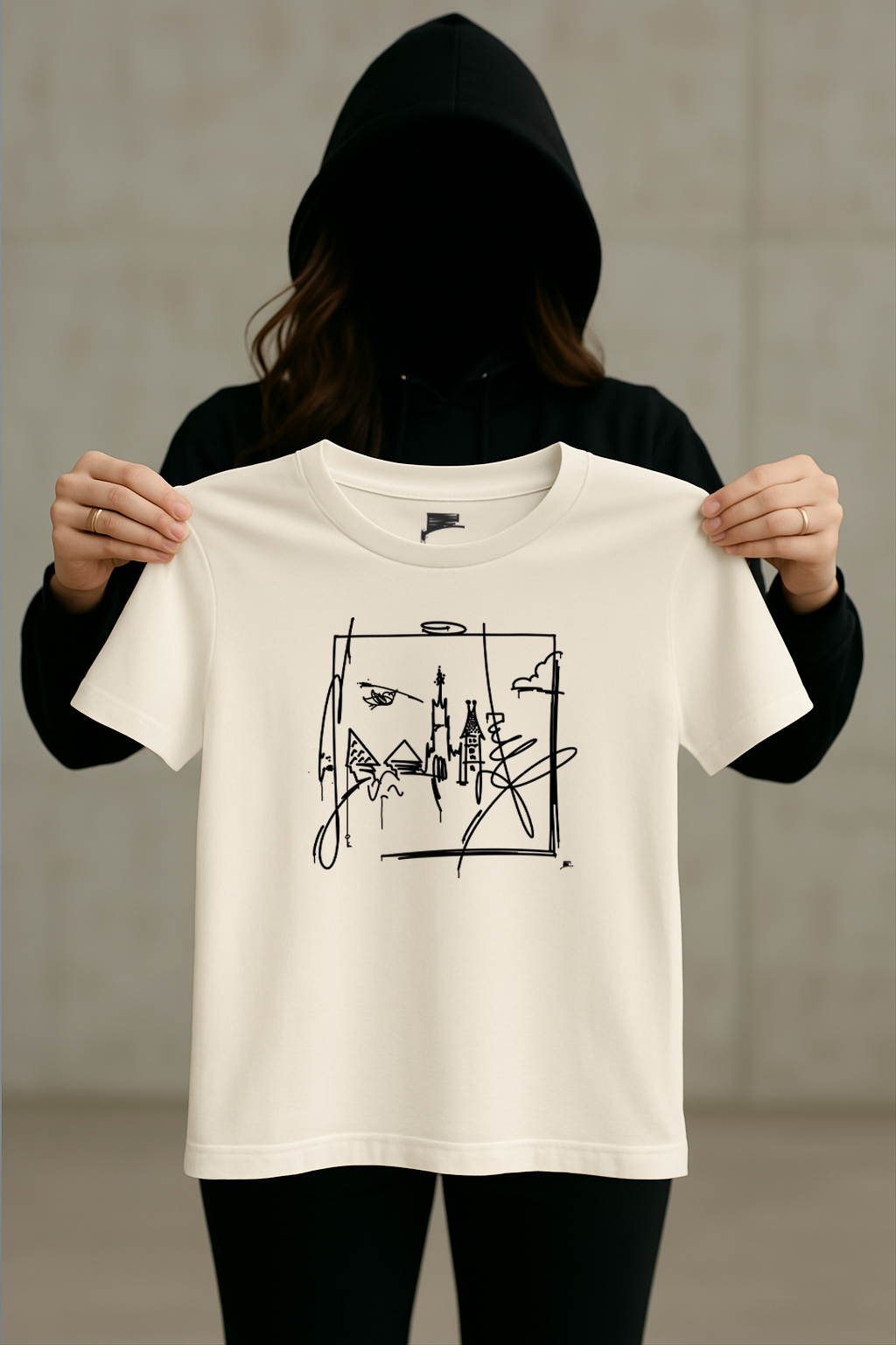 Weißes Ulm-T-Shirt im minimalistischen Urban-Style, von einer Person im Hoodie gehalten.