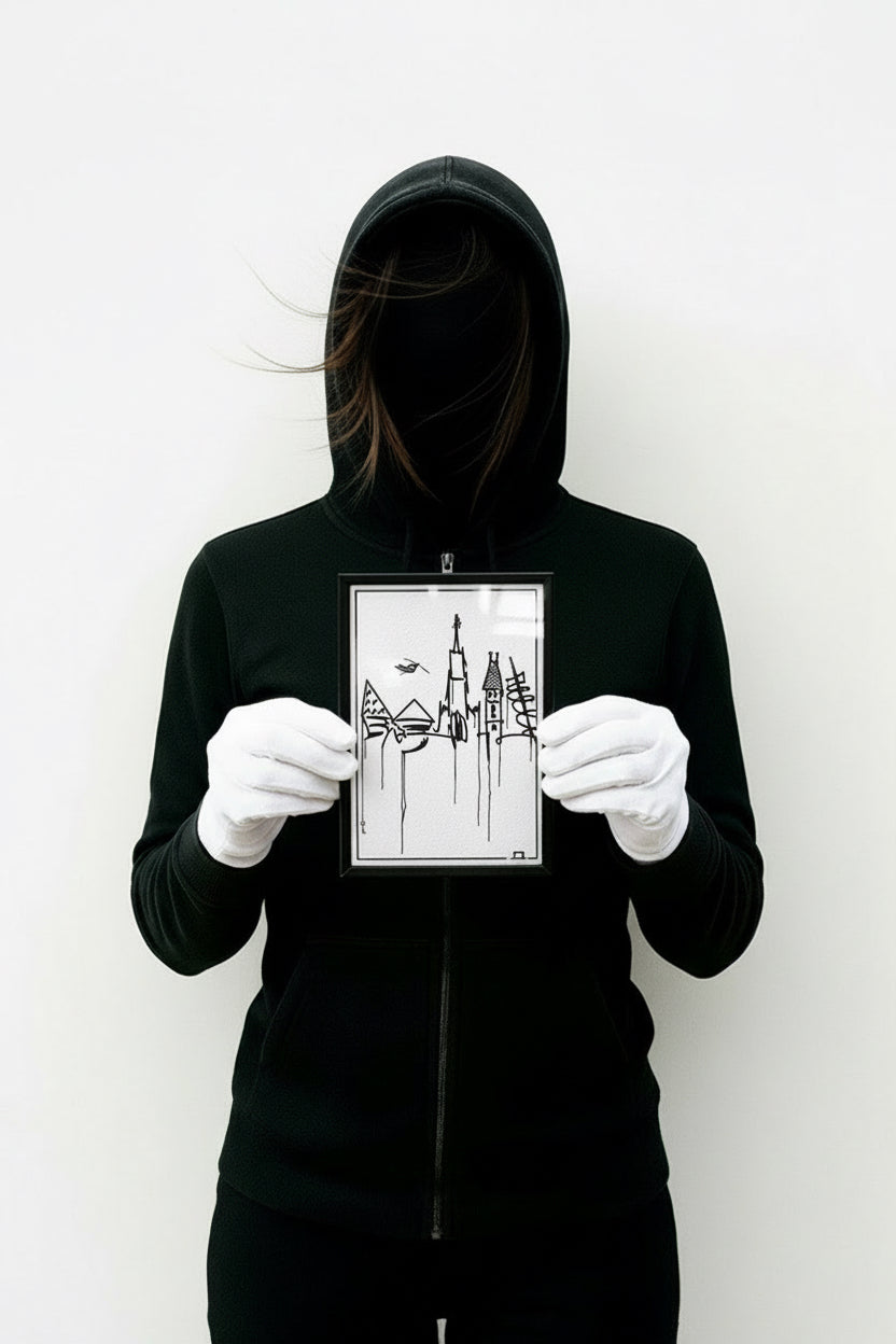Minimalistischer Kunstdruck der Ulm Skyline im 10x15 cm Format, gehalten von einer Person im schwarzen Hoodie mit weißen Handschuhen – urbaner, moderner Art-Look.