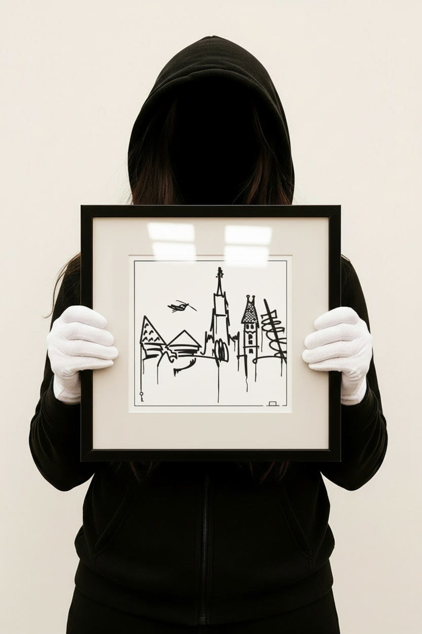 Quadratischer Ulm Skyline Kunstdruck im 20x20 cm Format, minimalistisch schwarz-weiß, gehalten von einer Person im schwarzen Hoodie mit weißen Handschuhen.