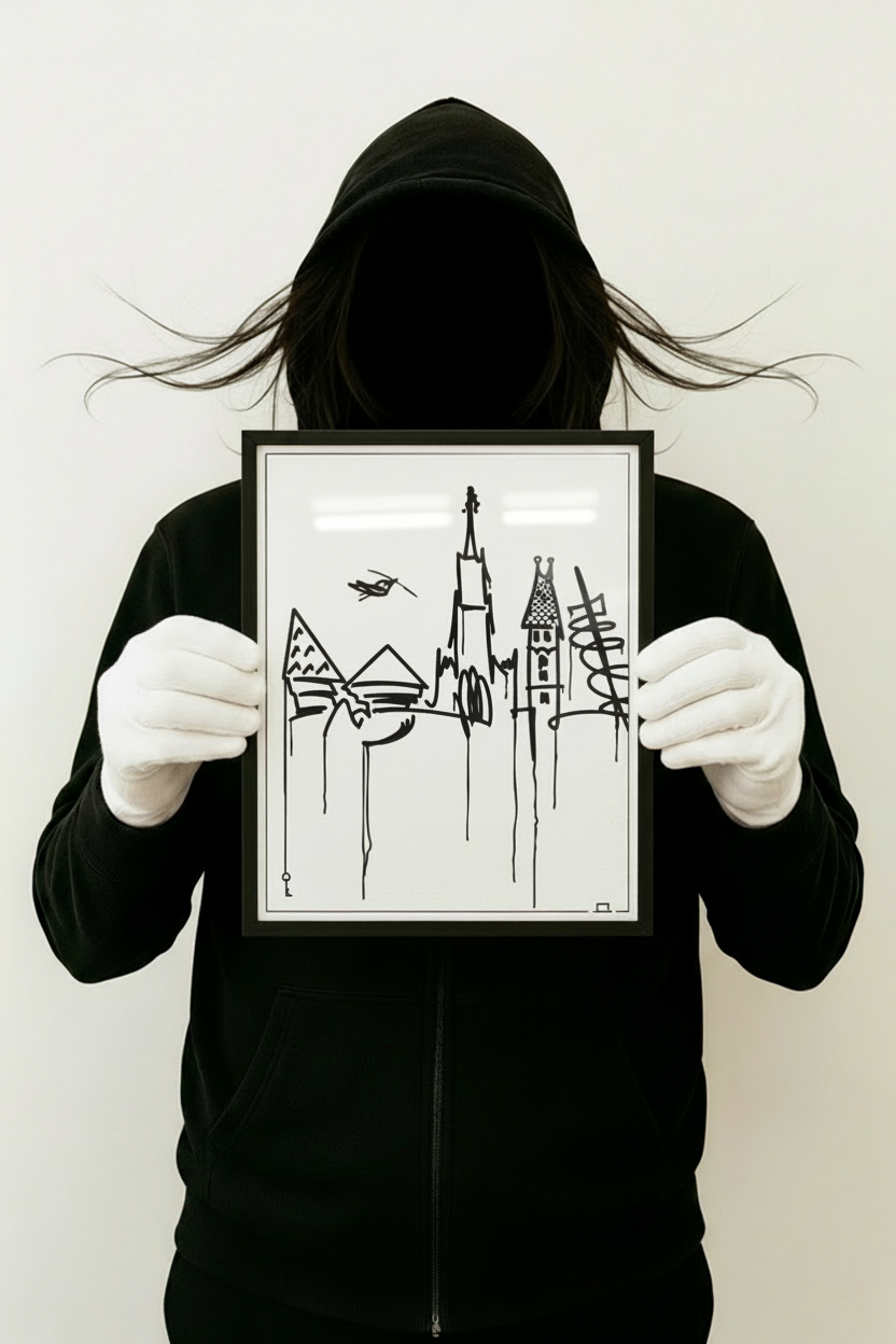 Ulm Skyline Kunstdruck im Format 21x30 cm, urbaner Schwarz-Weiß-Stil, gehalten von einer Person mit schwarzem Hoodie und wehendem Haar.