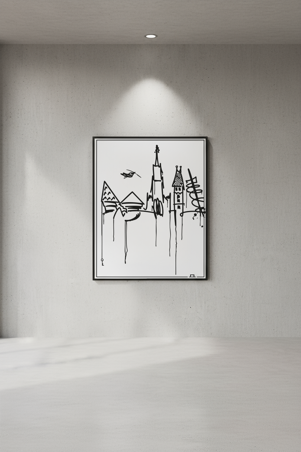 Minimalistischer Ulm Skyline Kunstdruck in 40x50 cm, gerahmt und an einer grauen Betonwand unter Spotlicht präsentiert – modernes Interior-Design.