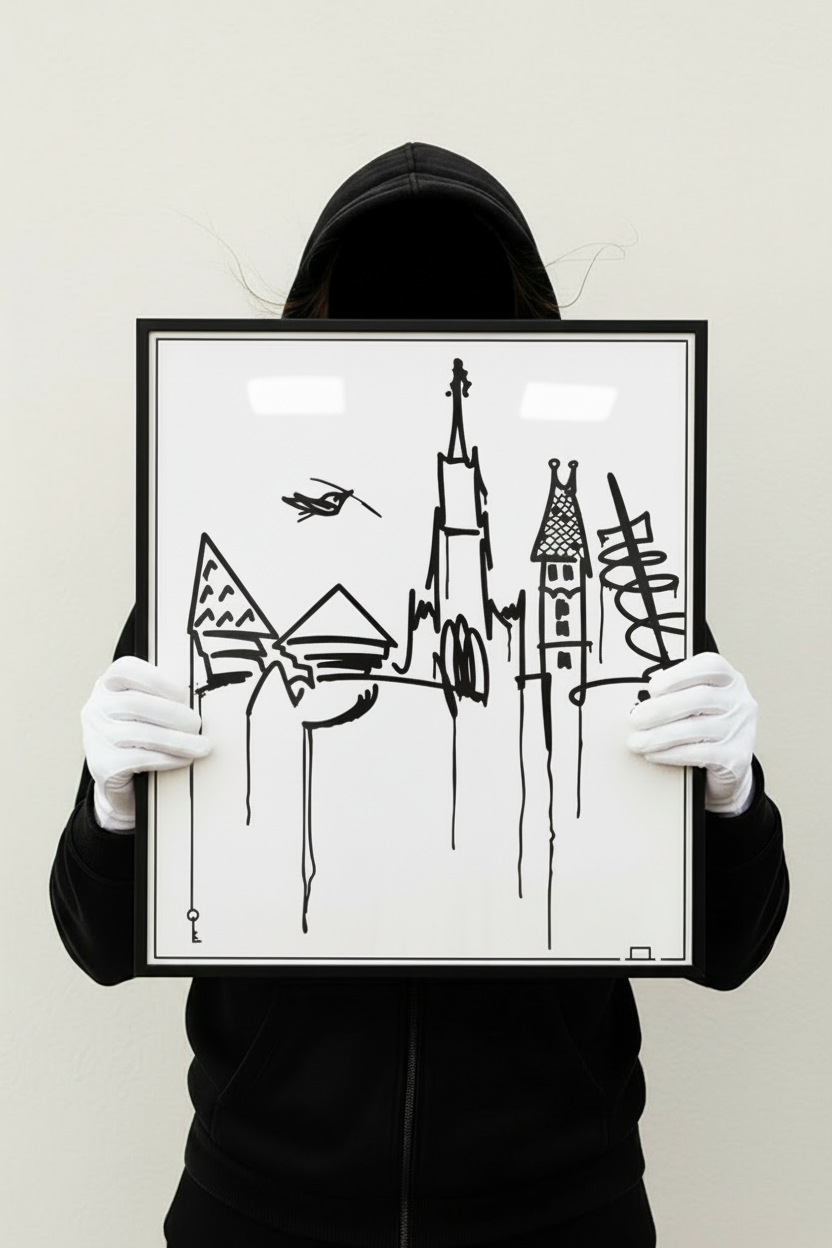 erahmter Ulm Skyline Kunstdruck im Format 40x50 cm, gehalten von einer Person im schwarzen Hoodie mit weißen Handschuhen – moderner urbaner Look.