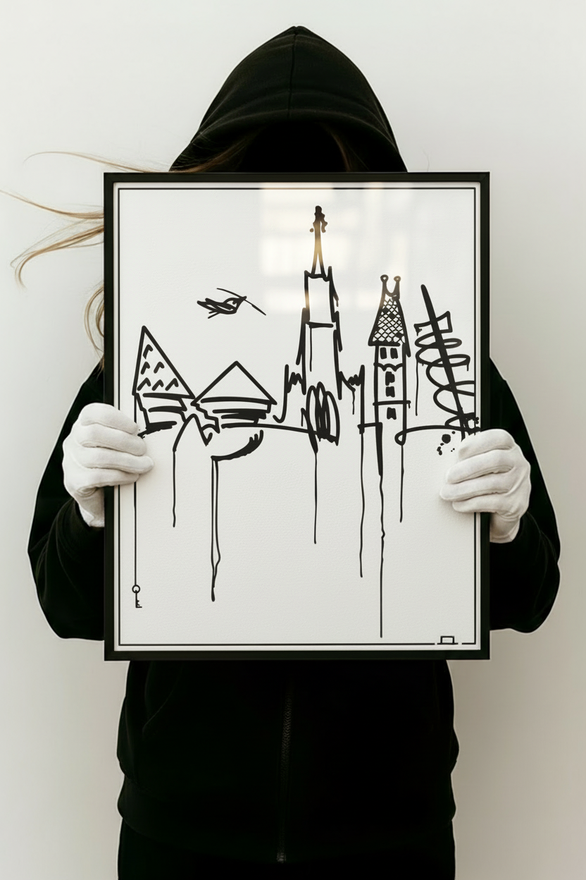 Ulm Skyline Kunstdruck im Großformat 50x70 cm, minimalistisch schwarz-weiß, gehalten von Person im schwarzen Hoodie – urbaner Kunstlook