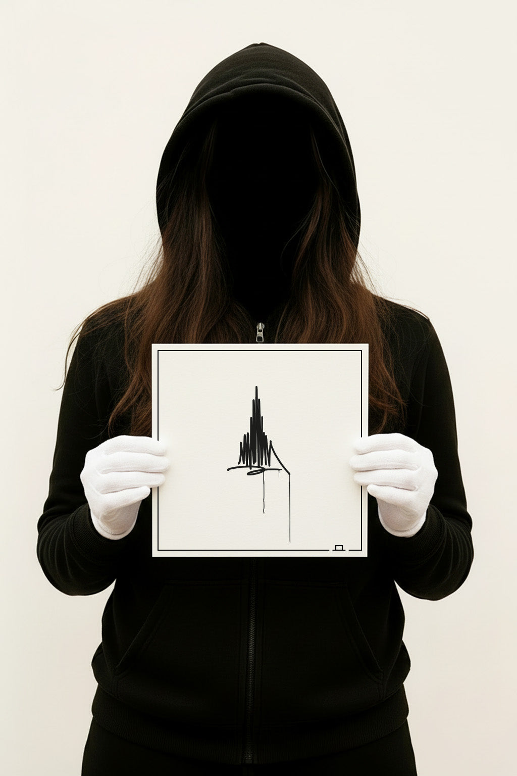 Quadratischer Kunstdruck „Ulmer Münster“ in 20×20 cm; Person in schwarzem Hoodie mit weißen Handschuhen präsentiert das minimalistische Line-Art Motiv.