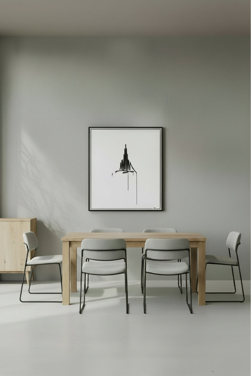 Gerahmter Kunstdruck „Ulmer Münster“ in 40×50 cm an einer Esszimmerwand; minimalistisches Urban-Line-Art Motiv in modernem skandinavischen Interieur.