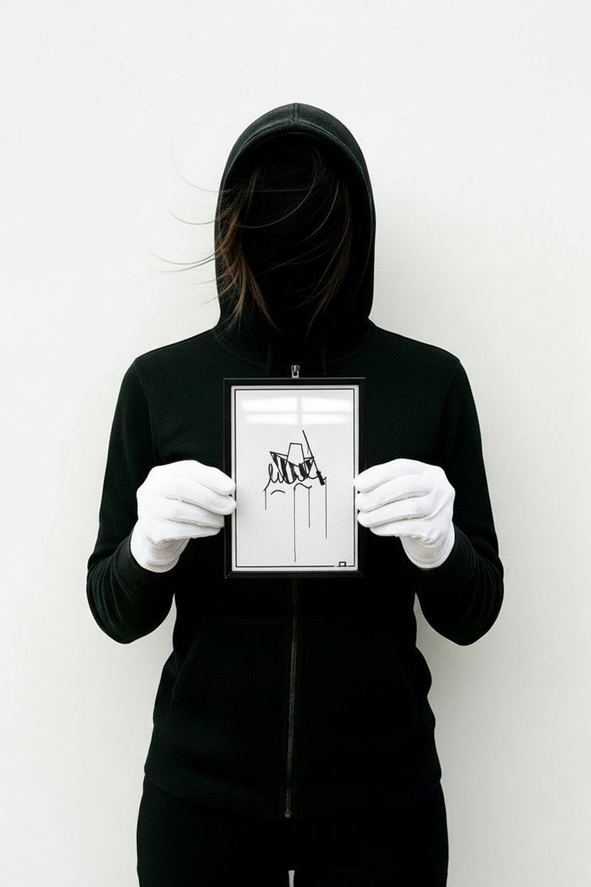 Kunstdruck Ulmer Schachtel im Format 10x15 cm, von einer schwarz gekleideten Person mit weißen Handschuhen gehalten, minimalistisches schwarz-weiß Urban-Art-Design.