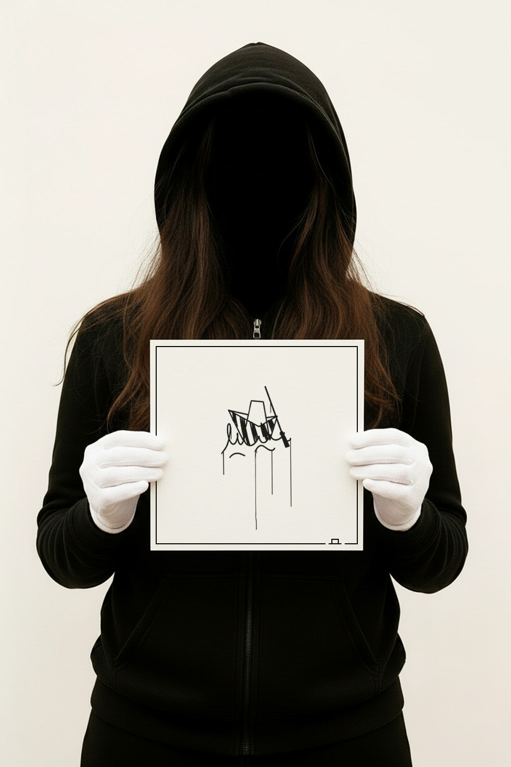 Quadratischer Kunstdruck „Ulmer Schachtel“ in 20×20 cm; Person im schwarzen Hoodie und weißen Handschuhen präsentiert das minimalistische Line-Art Motiv.