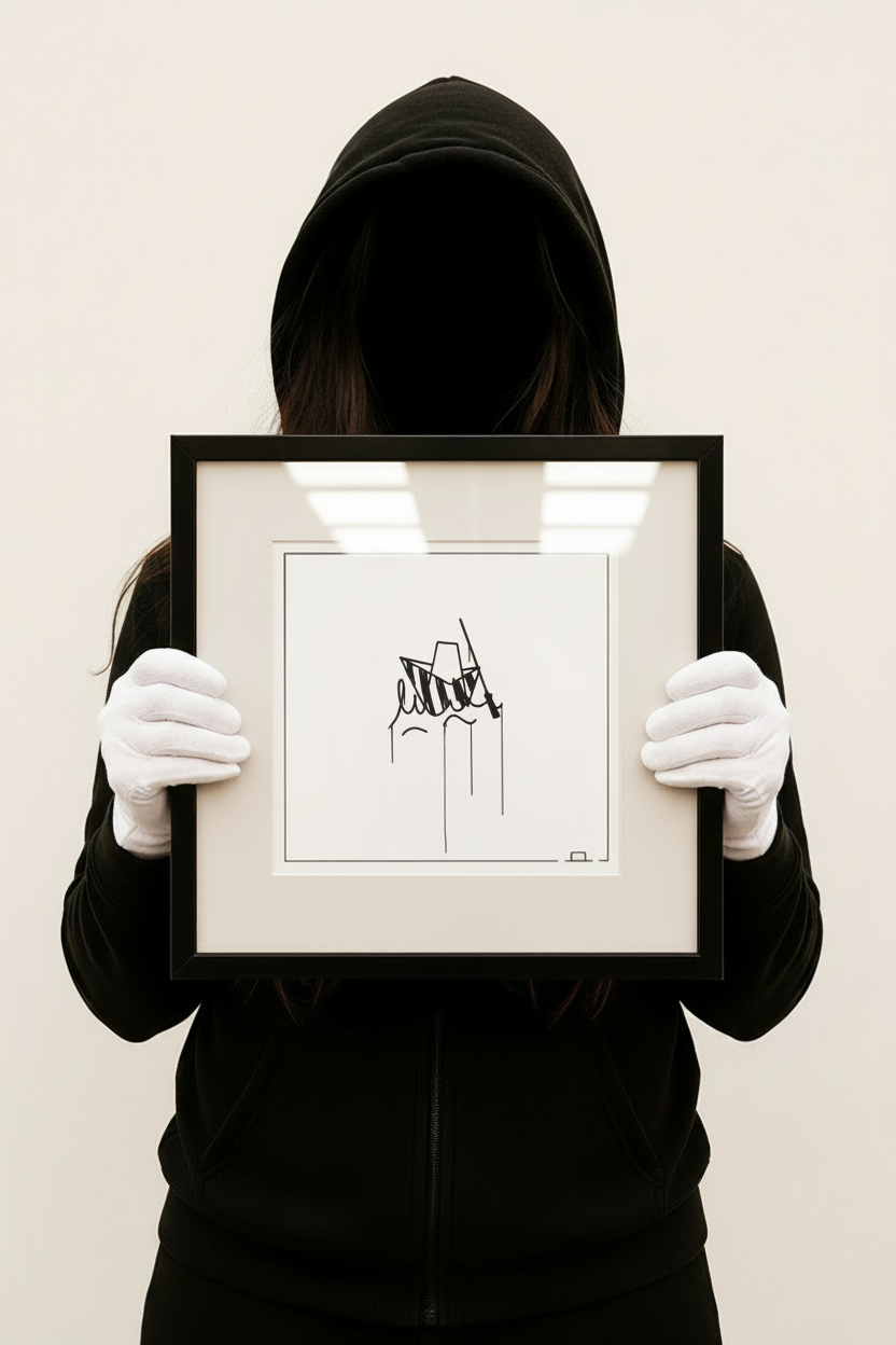 Quadratischer Kunstdruck Ulmer Schachtel 20x20 cm, präsentiert von einer Person in schwarzem Hoodie, modernes minimalistisches Linien-Design.