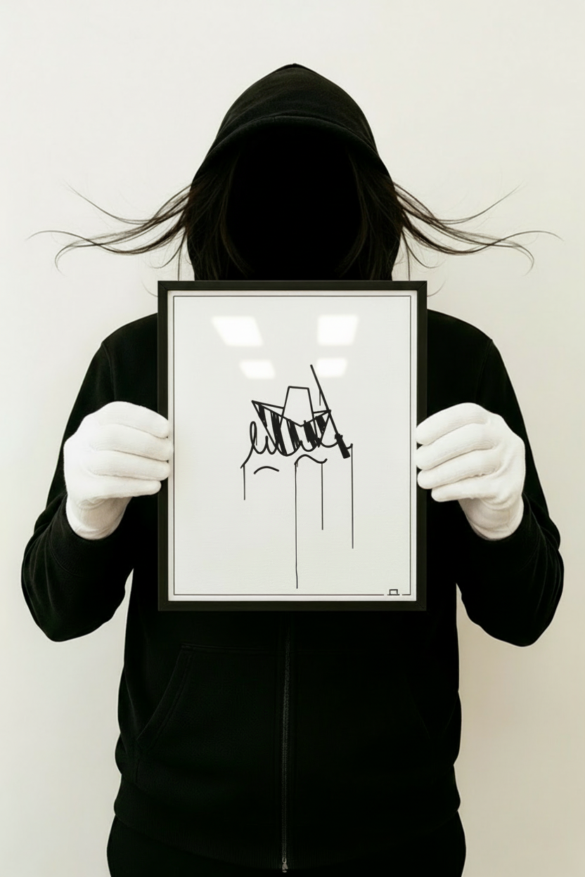 Minimalistischer Kunstdruck Ulmer Schachtel 21x30 cm, im schwarzen Rahmen von einer Person mit weißen Handschuhen gehalten.