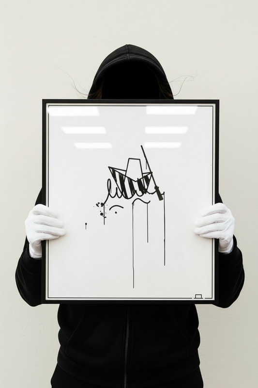 Großer Kunstdruck Ulmer Schachtel 40x50 cm, von einer komplett schwarz gekleideten Person mit weißen Handschuhen gehalten, minimalistisches Motiv.