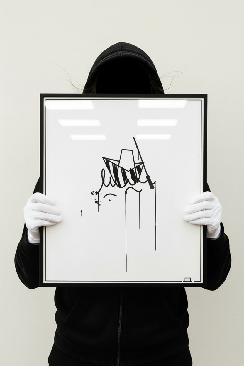 Großer Kunstdruck Ulmer Schachtel 40x50 cm, von einer komplett schwarz gekleideten Person mit weißen Handschuhen gehalten, minimalistisches Motiv.