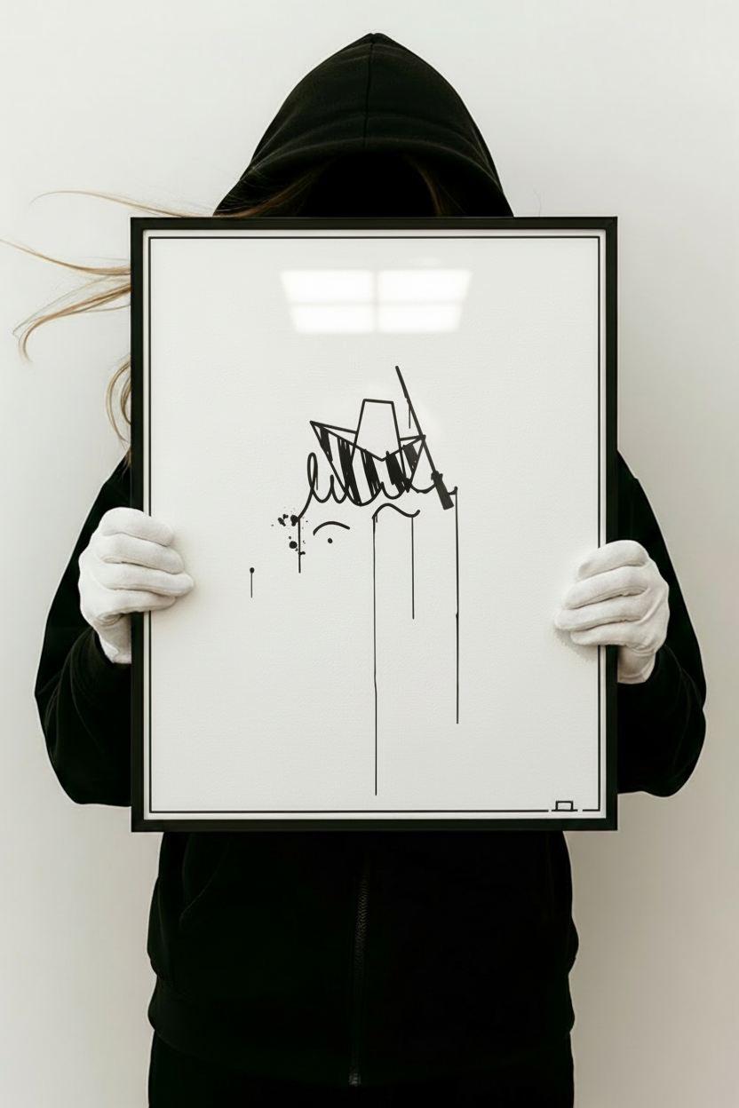 Kunstdruck Ulmer Schachtel 50x70 cm, im schwarzen Rahmen gehalten von einer Person im Hoodie, schwarz-weiß Urban-Art-Motiv.